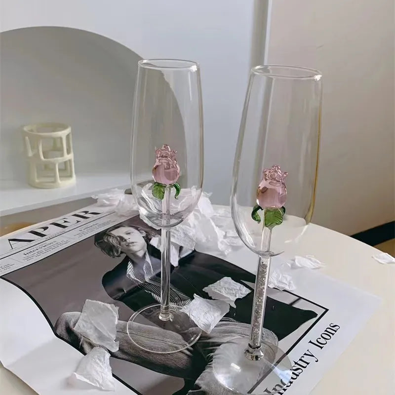 Cocktail Glass Creative Shaped Glass Goblet 3D Rose Valentine Party Sparkling Wine Glasses Novelty Bar Drinkware Ideal Gifts