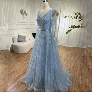 Luxury Blue Shiny Dubai Evening Dress Beads With Cape Sleeves Arabic Formal Dresses Party Prom Dress فساتين للحفلات الراقصة