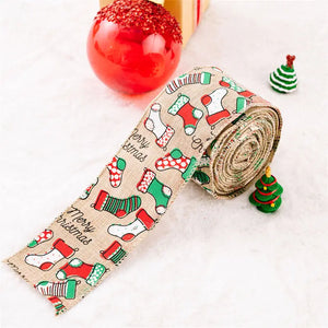 5M/Roll Christmas Decoration Ribbon Printed Jute Ribbon DIY Bow Knot Cartoon Sticker Color Stripe Gift Box Packaging Supplies