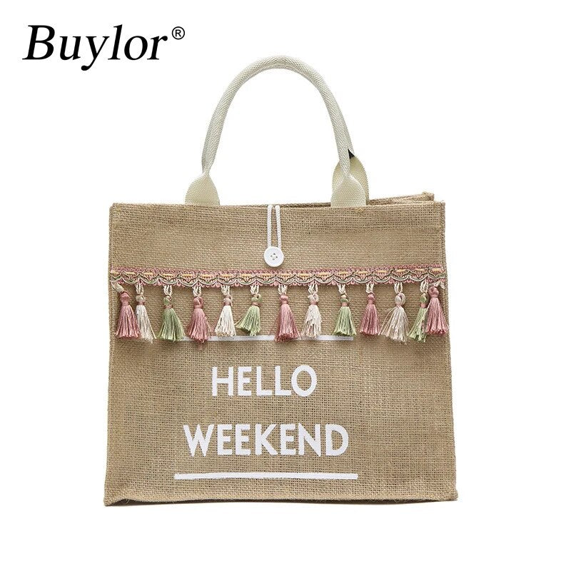 Buylor 2022 Summer Linen Totes Bags for Women Shoulder Bag Beach Burlap Bags Handbags Large Capacity Tassel Travel Shopping Bag