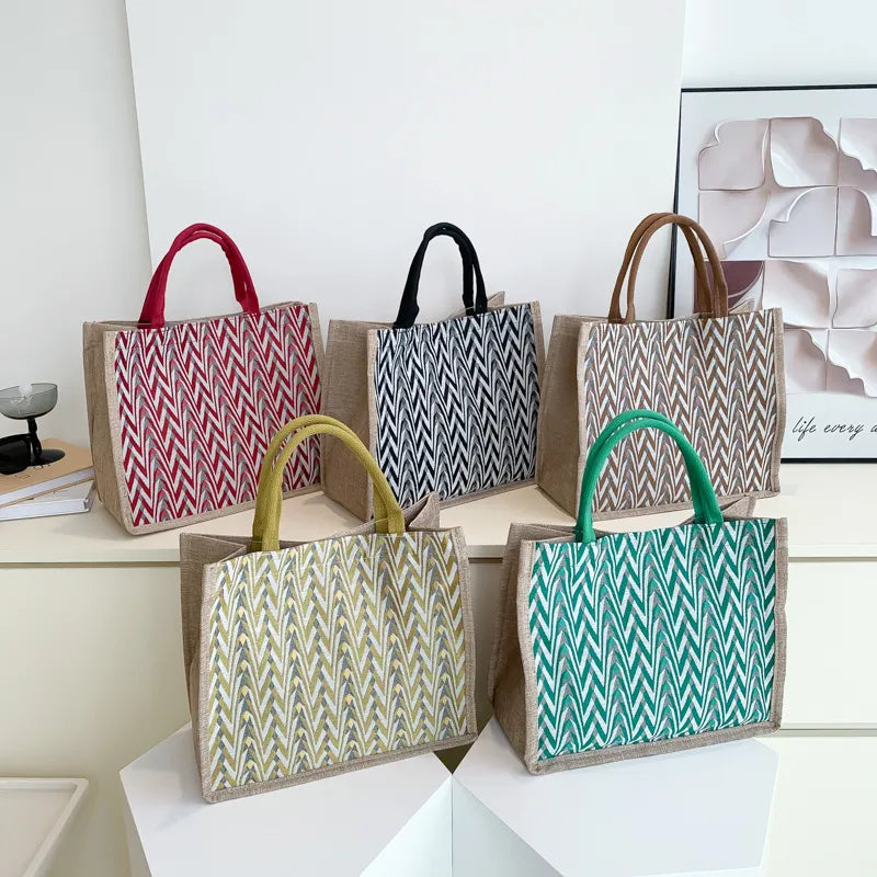 5 Colors Flower Print Burlap Tote Bags Women Linen Tote Shopper Purses Summer Beach Handbags Portable Handle Shopping Bag 2023