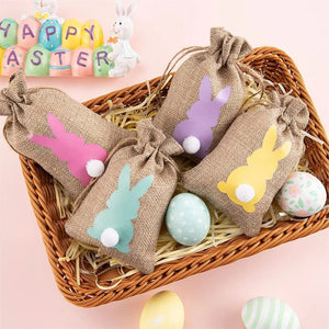 24pcs/Set Happy Easter Small Bags For Gift Bunny Burlap Candy Bags With Drawstring Linen Storage Bags Easter Party Favors Decor