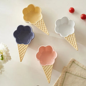 INS Ice Cream Shaped Ceramic Bowl Plates Creative Cone Handle Dessert Fruit Bowl Dishes Saucer Cartoon Trinket Seasoning Dish