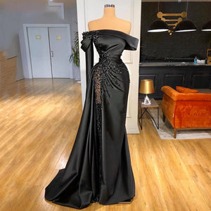 Lily Off-shoulder Black Pageant Party Gown Luxury Pearls Evening Dress Formal Mermaid Sexy Prom Dress Custom abiti da cerimonia