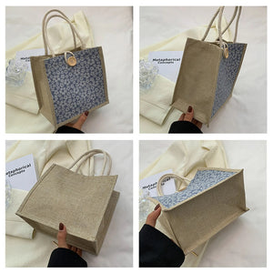 Linen Button Zipper Handbag Large Capacity Grocery Bag Women Tote Beach Organizer Portable Shopping Bag Lunch Bag