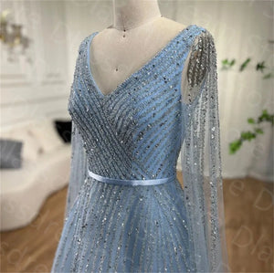 Luxury Blue Shiny Dubai Evening Dress Beads With Cape Sleeves Arabic Formal Dresses Party Prom Dress فساتين للحفلات الراقصة