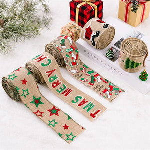 5M/Roll Christmas Decoration Ribbon Printed Jute Ribbon DIY Bow Knot Cartoon Sticker Color Stripe Gift Box Packaging Supplies