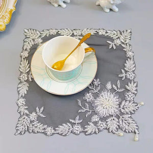 Luxury Beading Lace Embroidered Placemat Elegant Vintage Square Tablecloth Coffee Coasters Napkin Party Wedding Decoration