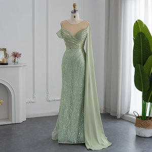 2023 Green Mermaid Luxury New Evening Dress With Cape Sleeve Formal Prom Dress Sweetheart Elegant One Shoulder Dubai Party Gowns