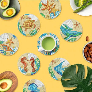 8pcs Gem Dot Coasters Wooden Absorbent Coasters Gem Art Coasters Kits Coastal Beach Theme Cup Holder Set For Home Kitchen Decor