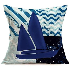 Blue ocean themed pillowcase, linen coastal cartoon, sailboat, plaid decorative cushion cover, family sofa bed pillowcase