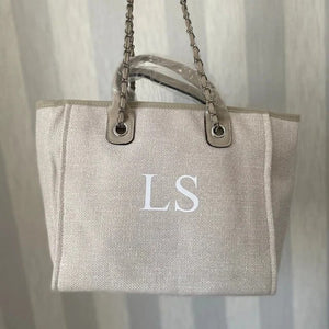 Personalised Light grey/beige Monogram Canvas Tote Bag Initial Beach Handbag Birthday Gift Chain tote bag Xmas Custom Bride Bags