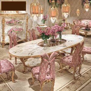 European Luxury Solid Wood Carved Large-sized Dining Tables And Chairs Combined With Shell Parquet Oval Dining Table Furniture