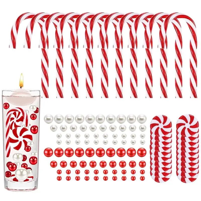 Christmas Vase Filler Set 106 Pcs Floating Pearls And Candy Canes Floating Candles Centerpiece For Holiday Table Party Decor