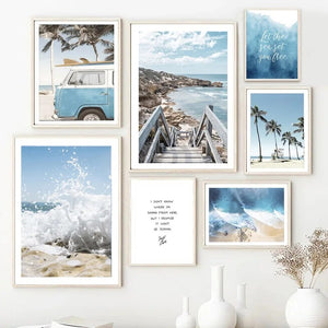 Modern Art Canvas Painting Wave Beach Scenery Poster Bridge Car Reed Palm Tree Background Picture Hotel  Guest Room Decoration