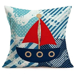 Blue ocean themed pillowcase, linen coastal cartoon, sailboat, plaid decorative cushion cover, family sofa bed pillowcase