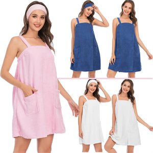 Women's Bathrobe Bath Towel Suit with Headband Sleeveless Solid Soft Plush Warm Bathrobe with pocket Sauna Hot Spring Clothes