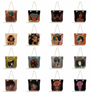 African Girl Painting Handbags Groceries Tote Bag Casual Foldable Eco Reusable Shopping Bag Women Shoulder Bags Travel Beach Bag