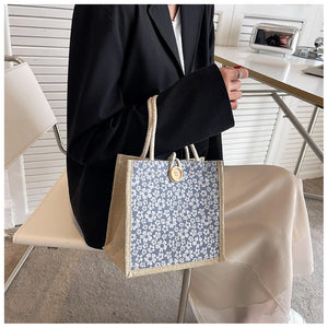 Linen Button Zipper Handbag Large Capacity Grocery Bag Women Tote Beach Organizer Portable Shopping Bag Lunch Bag