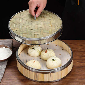 Bamboo Braided Steamer with Cover Rice Cooker Steaming Grid for Meals Dumplings Basket Steam Pot Cage Kitchen Cooking Utensils