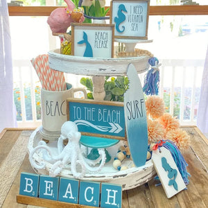 Wooden Beach Mermaid Theme Sign Tiered Tray Decoration Wood Seaside Figurines Plaque Coastal Bar Decoration Desk Ornaments