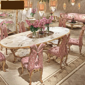 European Luxury Solid Wood Carved Large-sized Dining Tables And Chairs Combined With Shell Parquet Oval Dining Table Furniture