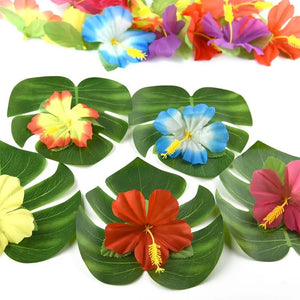 Tropical Monstera Palm Leaves Hibiscus Flower Hawaiian Luau Leaves Tropical Party Jungle Beach Table Decoration Wedding Birthday