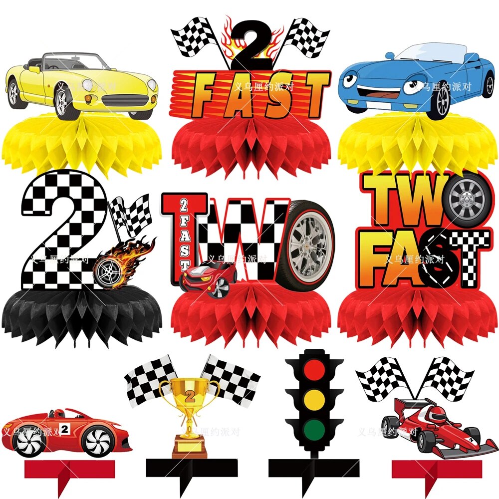 10pcs/set Two Fast Honeycomb Centerpiece Race Car Paper Table Decoration Baby Shower 2nd Birthday Party Supply