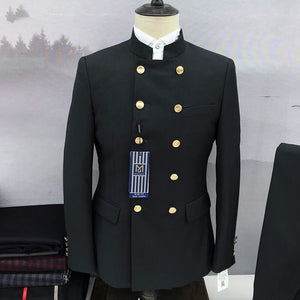 2023 New Men Suit Custom Fashion Navy Blue Double Breasted Standing Collar 2 Piece Business Wedding Daily Travel Set Slim Casual