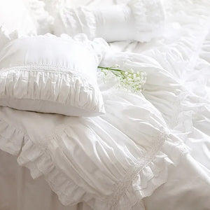 Top Luxury White European Bedding White Ruffle Comforter cover White Bedding Holiday Bedding Lace Cotton Bedding Set Queen