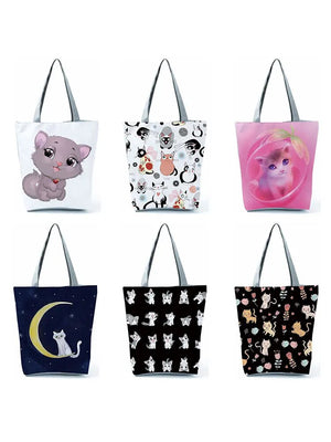 Cartoon Cute Cat Handbags Fashion Eco Reusable Shopping Bags Women Black Large Capacity Tote Animal Style Women Shoulder Bag