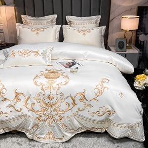 Luxury Gold Royal Embroidery Satin And Cotton Bedding Set Smooth Smooth Double Duvet Cover Set Comforter Cover And Pillowcases