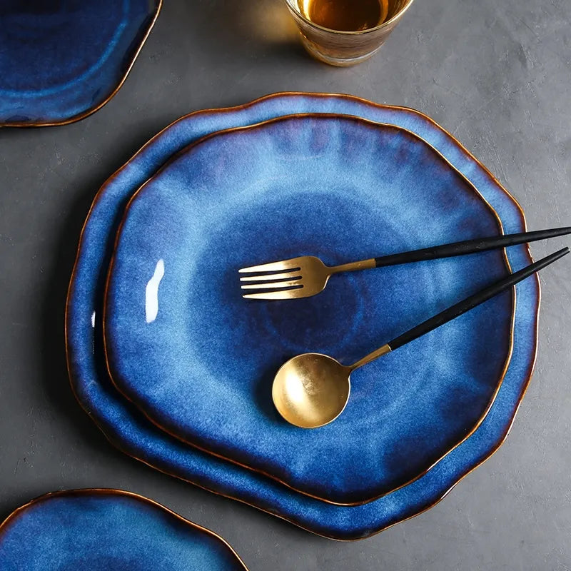 Deep Blue Ceramic Plates Irregular Flat Plate Pottery Dish Household Decoration Tableware Dinnerware Tray Hotel Kitchen Supplies