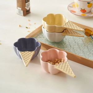 INS Ice Cream Shaped Ceramic Bowl Plates Creative Cone Handle Dessert Fruit Bowl Dishes Saucer Cartoon Trinket Seasoning Dish