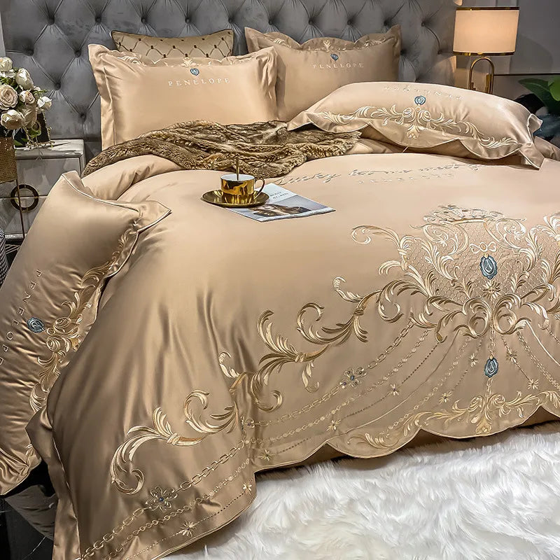 European Style Bedding Set Luxury Gold Royal Embroidery Satin Double Duvet Cover Pure Cotton Bed Sheets and Pillowcases Bed Set